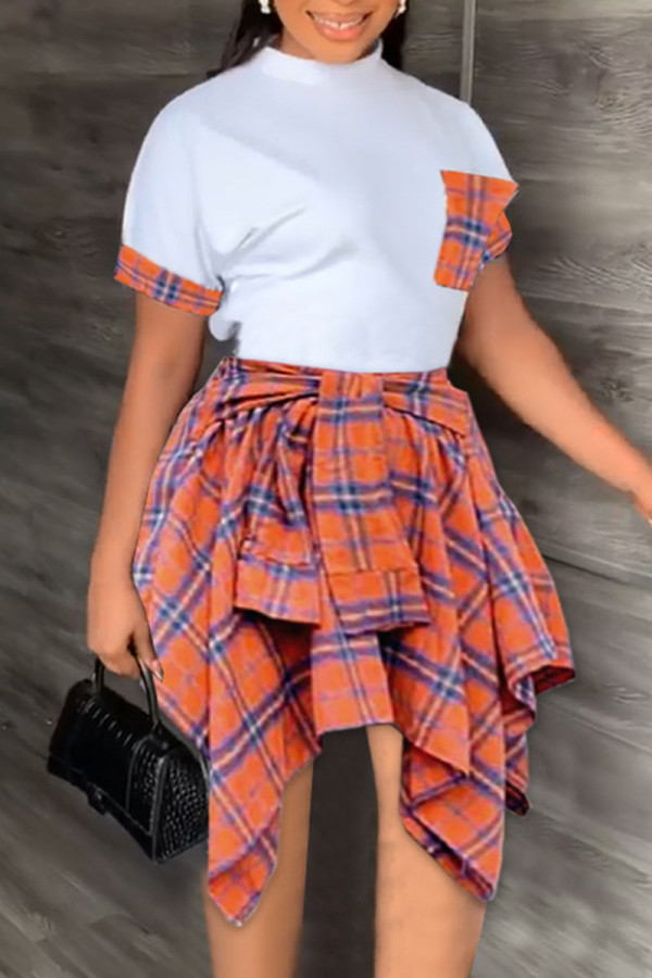 Orange Casual Print Bandage Patchwork Asymmetrical O Neck Short Sleeve Two Pieces
