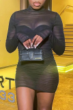 Black Sexy Solid Mesh Half A Turtleneck Pencil Skirt Dresses