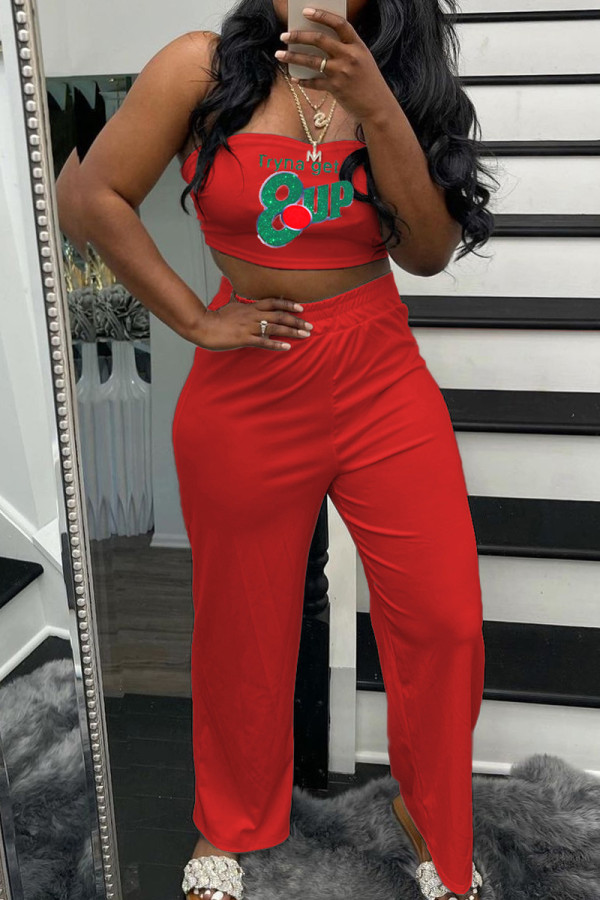 Red Sexy Casual Print Backless Strapless Sleeveless Two Pieces
