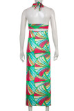 Green Sexy Print Hollowed Out Patchwork Halter One Step Skirt Dresses