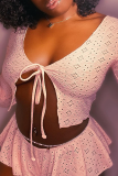 Pink Sexy Solid Hollowed Out V Neck Long Sleeve Two Pieces