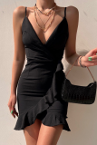 Red Fashion Solid Flounce Spaghetti Strap Pencil Skirt Dresses