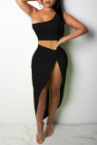 Red Sexy Solid Patchwork Slit Asymmetrical Oblique Collar Sleeveless Two Pieces