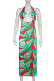 Green Sexy Print Hollowed Out Patchwork Halter One Step Skirt Dresses