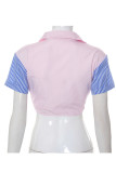 Pink Casual Striped Print Patchwork Buckle Asymmetrical Tops