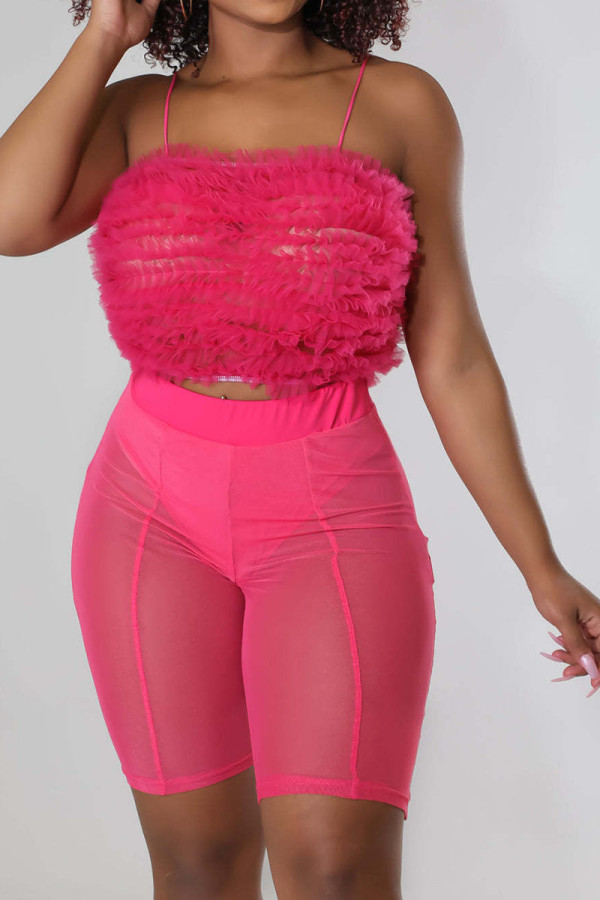 Red Sexy Solid Patchwork See-through Stringy Selvedge Strapless Sleeveless Two Pieces