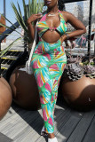 Green Sexy Print Hollowed Out Patchwork Halter One Step Skirt Dresses