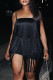 Black Sexy Solid Tassel Patchwork Spaghetti Strap Sling Dress Dresses