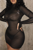 Black Sexy Solid Mesh Half A Turtleneck Pencil Skirt Dresses