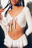 Pink Sexy Solid Hollowed Out V Neck Long Sleeve Two Pieces