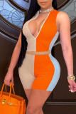 Tangerine Red Casual Solid Patchwork Zipper Collar Sleeveless Two Pieces