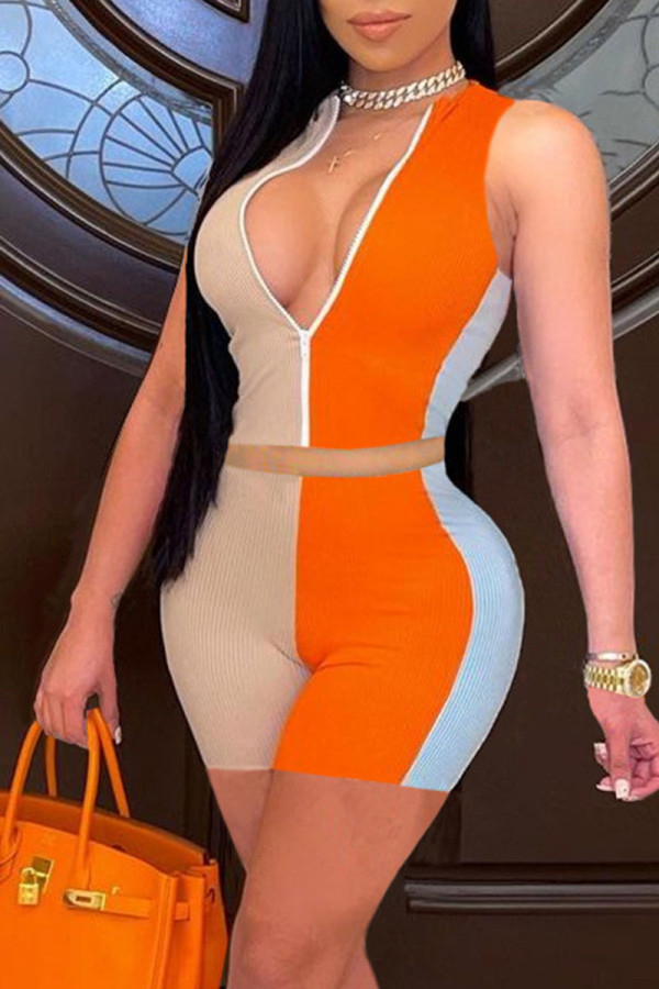 Tangerine Red Casual Solid Patchwork Zipper Collar Sleeveless Two Pieces