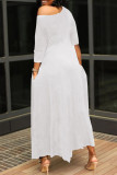 White Fashion Casual Letter Print Basic Oblique Collar Irregular Dress