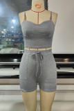 Grey Sexy Solid Patchwork Spaghetti Strap Sleeveless Two Pieces