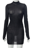 Black Sexy Solid Mesh Half A Turtleneck Pencil Skirt Dresses