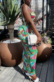 Green Sexy Print Hollowed Out Patchwork Halter One Step Skirt Dresses