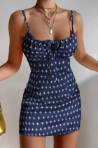 Blue Fashion Print Bandage Spaghetti Strap Pencil Skirt Dresses