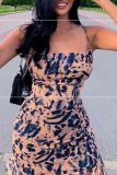 Coffee Sexy Print Patchwork Spaghetti Strap Pencil Skirt Dresses