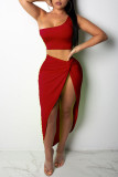 Red Sexy Solid Patchwork Slit Asymmetrical Oblique Collar Sleeveless Two Pieces