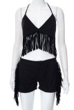 Black Sexy Solid Tassel Patchwork Halter Sleeveless Two Pieces