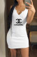 White Fashion Casual Print Letter V Neck One Step Skirt Dresses