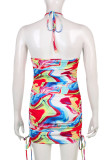 Red Blue Sexy Print Patchwork Halter Pencil Skirt Dresses