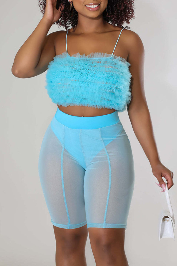 Blue Sexy Solid Patchwork See-through Stringy Selvedge Strapless Sleeveless Two Pieces