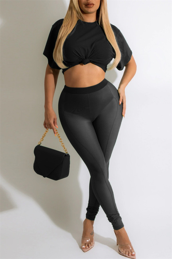 Black Fashion Casual Solid Patchwork See-through O Neck Short Sleeve Two Pieces