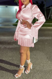 Pink Casual Solid Tassel Patchwork Buckle Turndown Collar Long Sleeve Two Pieces