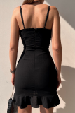 Red Fashion Solid Flounce Spaghetti Strap Pencil Skirt Dresses