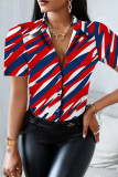 Red Blue Casual Print Patchwork Buckle Turndown Collar Tops