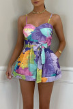 Purple Fashion Casual Print Patchwork Spaghetti Strap Sleeveless Two Pieces