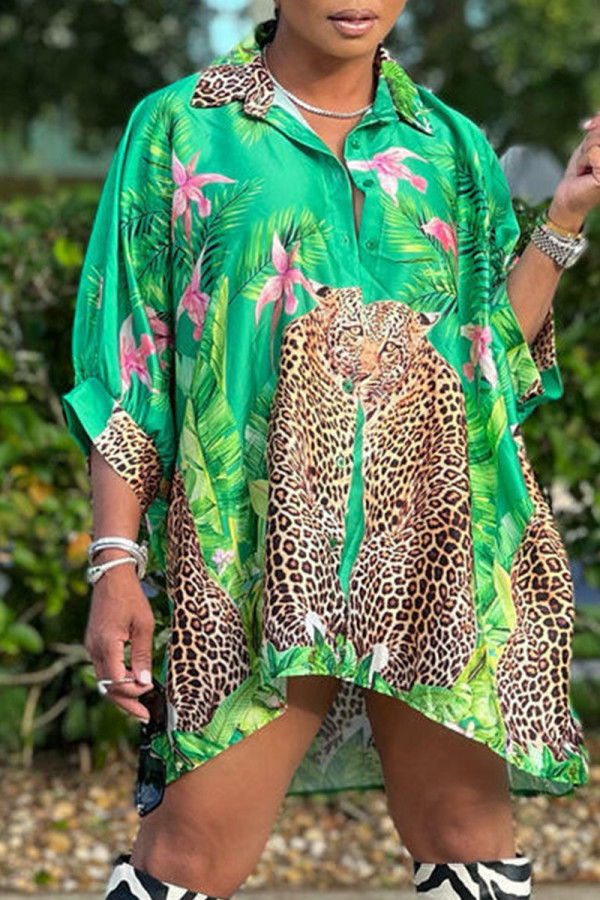 Green Casual Print Patchwork Buckle Turndown Collar Tops