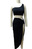 Red Sexy Solid Patchwork Slit Asymmetrical Oblique Collar Sleeveless Two Pieces