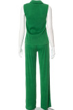 Green Casual Solid Patchwork Buckle Turndown Collar Sleeveless Two Pieces