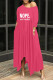 Rose Red Fashion Casual Letter Print Basic Oblique Collar Irregular Dress