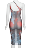 Red Sexy Print Patchwork Spaghetti Strap Pencil Skirt Dresses