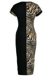 Black Casual Elegant Print Patchwork O Neck One Step Skirt Dresses