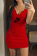 Red Fashion Casual Print Letter V Neck One Step Skirt Dresses