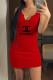 Red Fashion Casual Print Letter V Neck One Step Skirt Dresses
