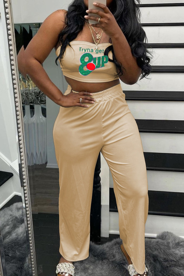Khaki Sexy Casual Print Backless Strapless Sleeveless Two Pieces