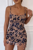 Coffee Sexy Print Patchwork Spaghetti Strap Pencil Skirt Dresses