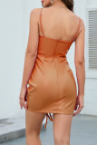 Pink Sexy Solid Patchwork Draw String Fold Spaghetti Strap One Step Skirt Dresses