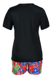 Black Fashion Casual Print Basic O Neck Short Sleeve Two Pieces
