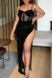 Black Sexy Solid Sequins Patchwork See-through Slit Spaghetti Strap Sling Dress Dresses