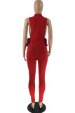 Red Fashion Casual Solid Bandage Slit Half A Turtleneck Sleeveless Two Pieces