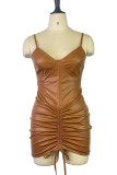 Pink Sexy Solid Patchwork Draw String Fold Spaghetti Strap One Step Skirt Dresses