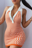 Blue Sexy Print Patchwork Turndown Collar Pencil Skirt Dresses