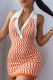 Orange Sexy Print Patchwork Turndown Collar Pencil Skirt Dresses