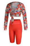 Red Fashion Casual Print Bandage V Neck Long Sleeve Two Pieces